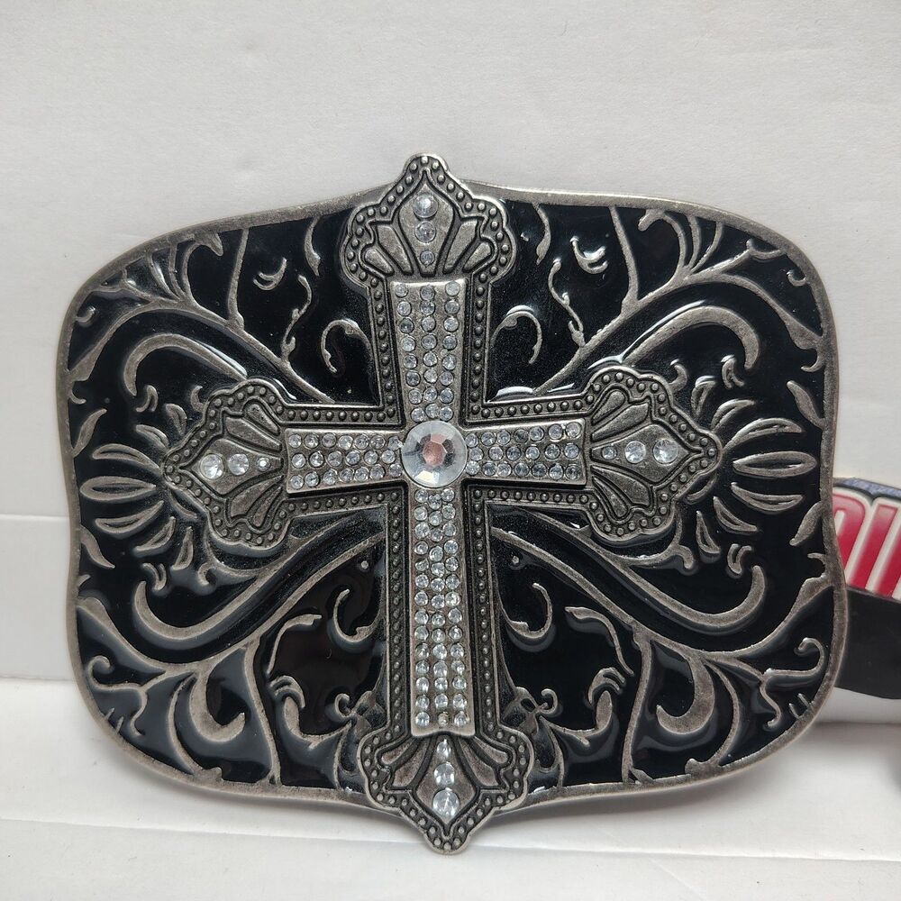 Pugs Gear Men Women Cross Belt Buckle Silver Tone Filigree Rhinestone Western